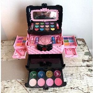 Kids Makeup Set, Vanity Case, Pink Black Quilted Heart Princess Beauty